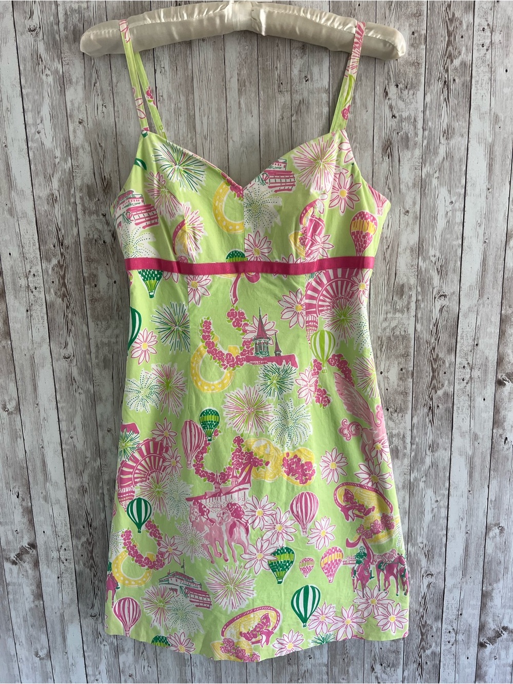 Lilly Pulitzer Vintage Derby Days Green Pink Mini Dress Horse Race Preppy Size 6